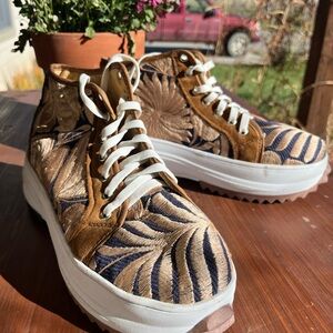 Hand Embroidered Brown and Blue Unisex High-Top Sneakers-
